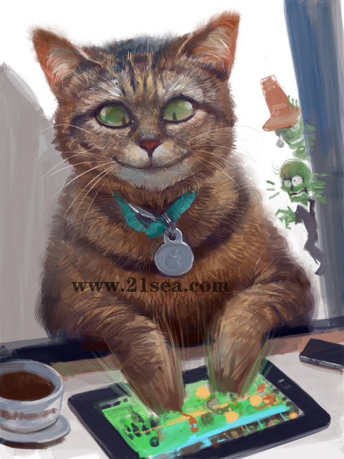 painter绘制正在玩IPAD的猫咪 我们 painter教程